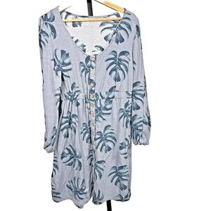 Tropical Palm Leaf Dress Large Blue Button Up Pockets Elastic Waist Long Sleeve